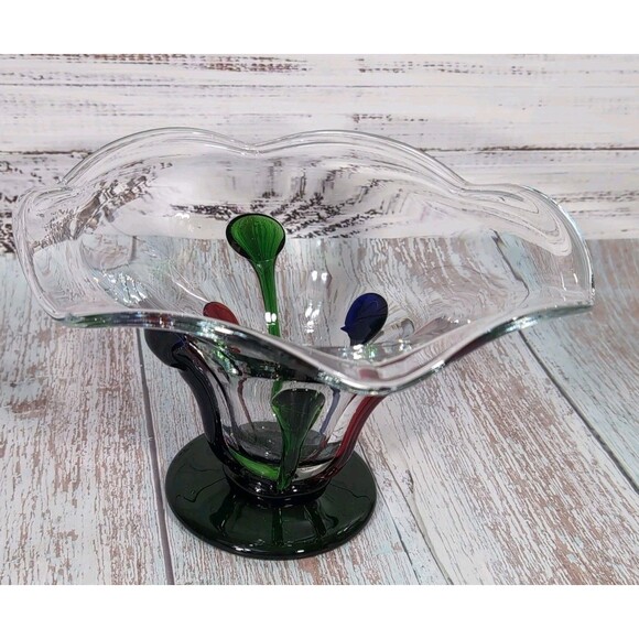 VTG Hand Blown Art Glass Clear W/Green Blue Red Compote Bowl Pedestal Wavy VGC - Picture 3 of 17